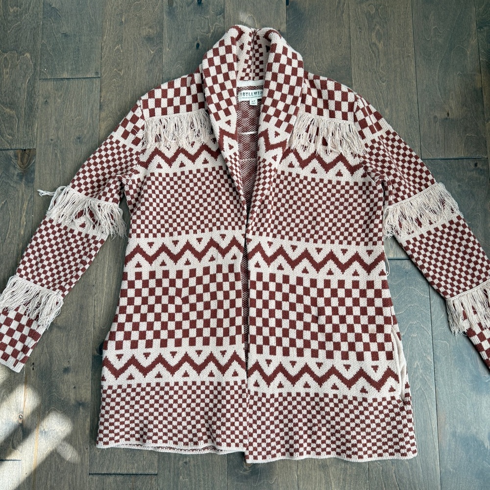 IDYLLWIND by Miranda Lambert Women's Fringed Brown Aztec Cardigan Size small